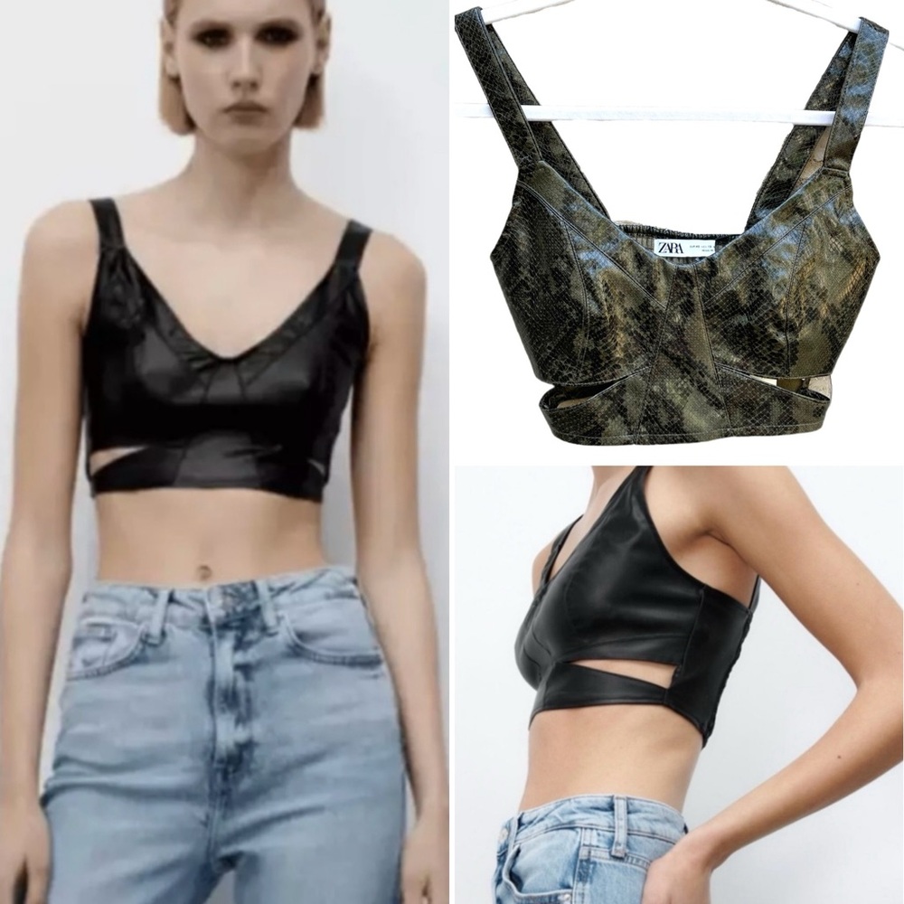 Zara Faux Leather Snake Print Pullover Bralette Crop Top Army Green Blk NWT - XS